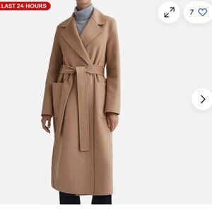 $575 Unworn Reiss Lucia Belted Wool Blend Coat in Light Camel